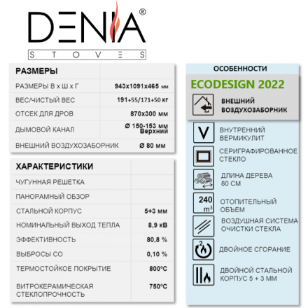 Печь-камин Denia Panoramic + Stove Bench Амазонка бай фото в Молодечно