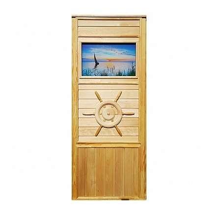 Дверь деревянная для бани DoorWood Штурвал 1840x740 со стеклом Парусник в Молодечно