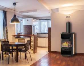 Недорогой стальной камин со стеклом Мета-Бел Ангара фото в интерьере в Молодечно