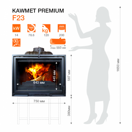 Каминная топка Kawmet Premium F23 (14 кВт) в Молодечно