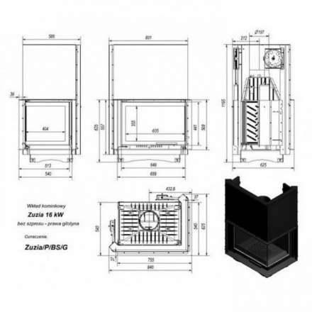 Каминная топка Kratki Zuzia/P/BS/G (угловое стекло справа,гильотина) в Молодечно