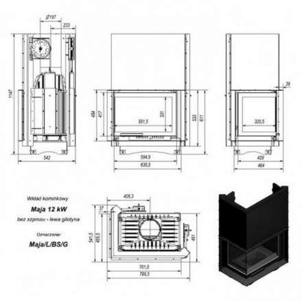 Каминная топка Kratki Maja/L/BS/G (угловое стекло слева, гильотина) в Молодечно
