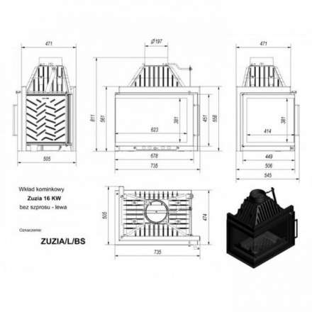 Каминная топка Kratki Zuzia/L/BS (угловое стекло слева) в Молодечно