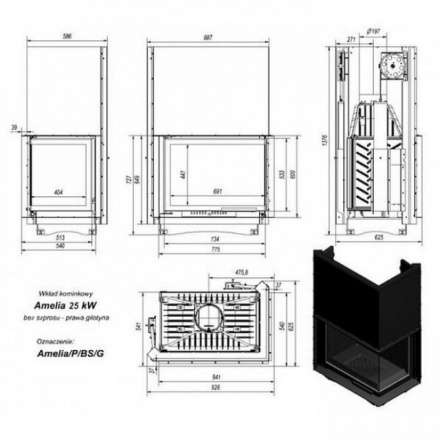 Каминная топка Kratki Amelia/P/BS/G (угловое стекло справа, гильотина) в Молодечно